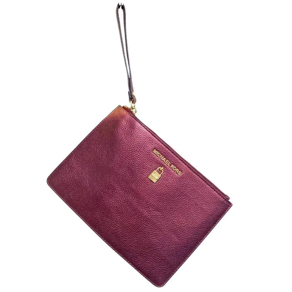 MICHAEL KORS‎ Adele Merlot Pebbled Leather Zippered Clutch Wristlet